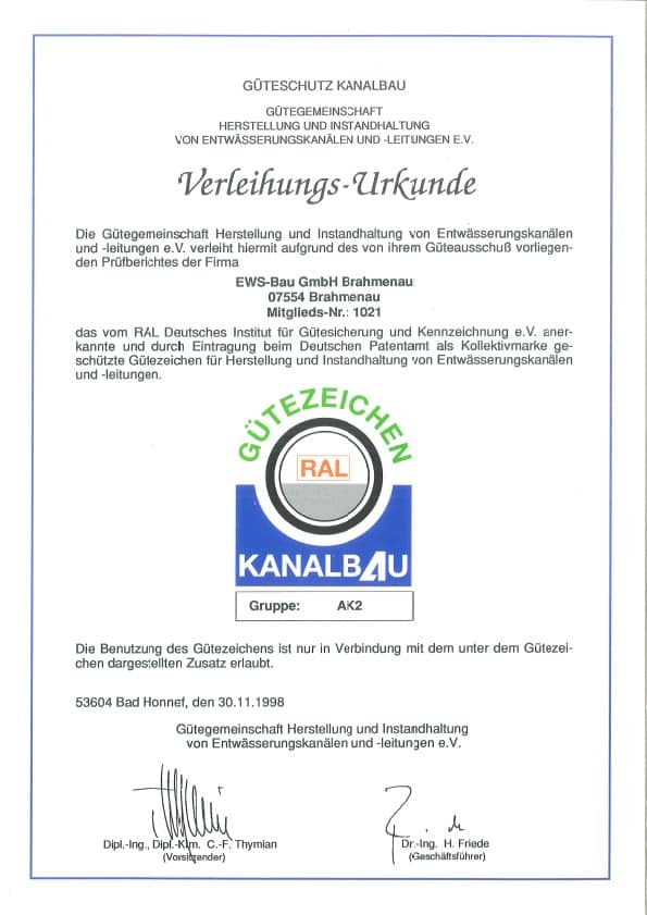 Zertifikat Güteschutz Kanalbau Zertifikat Güteschutz Kanalbau